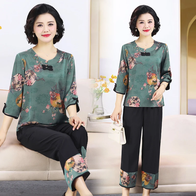 中年妈妈装夏款七分袖洋气套装中老年女装新中式国风两件套时尚