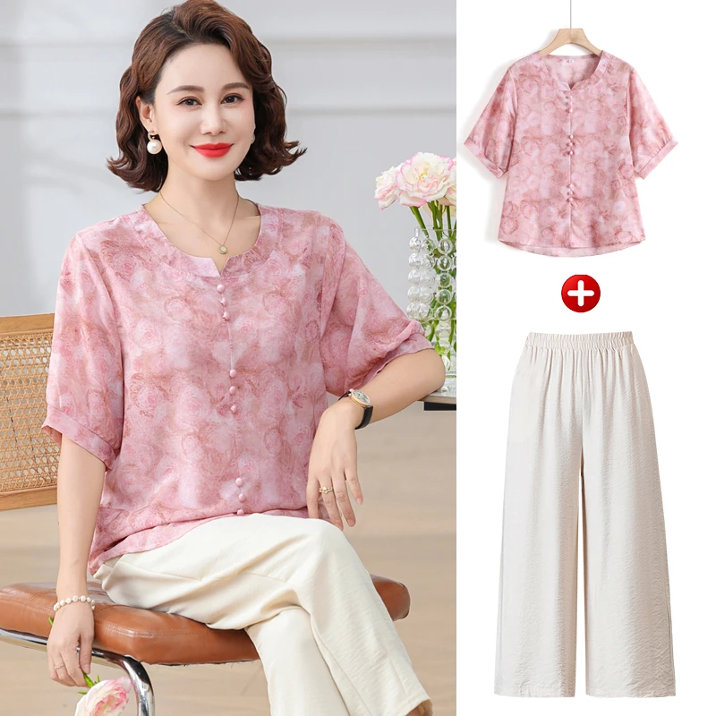 妈妈装夏装冰感丝短袖T恤洋气中老年人夏季清凉上衣宽松显瘦小衫