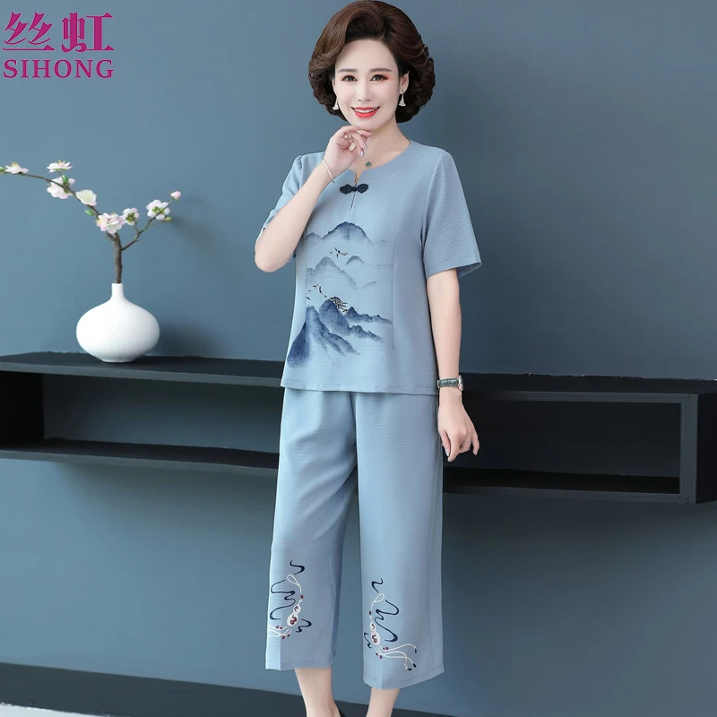 时尚妈妈装夏装棉麻休闲套装韩版百搭中老年人女装中式奶奶夏季