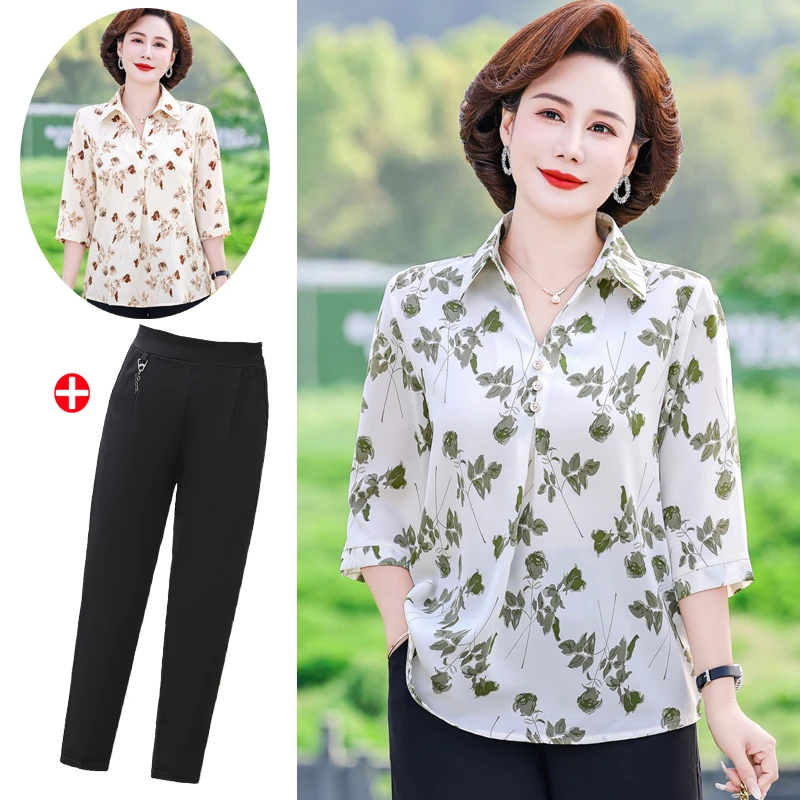 妈妈夏装翻领小衫上衣洋气套装新款中老年女装夏季时尚中袖t恤衫