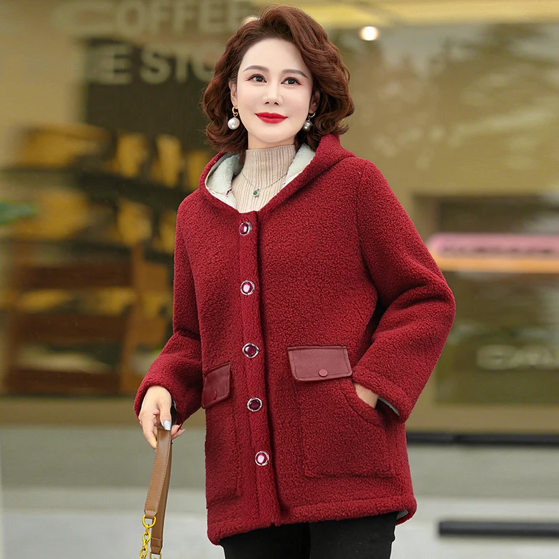 加绒加厚连帽外套冬季保暖中长款棉袄颗粒绒中老年妈妈装棉衣女装