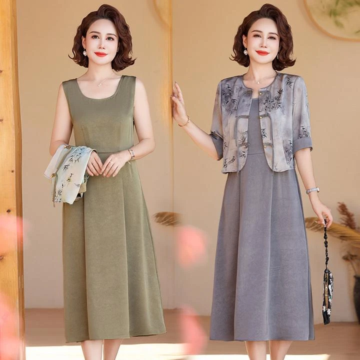 妈妈夏装气质国风连衣裙套装中年夏款短袖外套洋气两件套洋气裙子