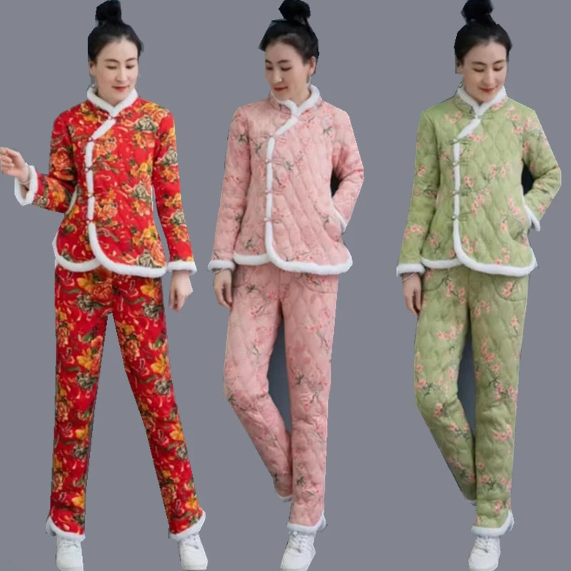冬季新款新大花套装中式民族风复古中国风女装长袖棉衣棉裤两件套