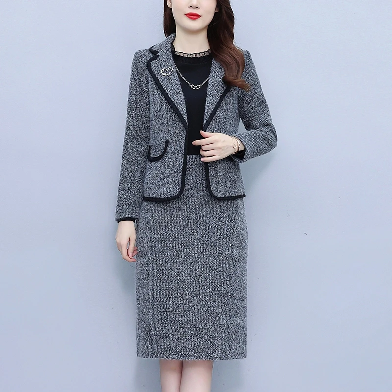 高端上档次两件套毛呢拼接连衣裙2024冬季新款西装毛呢外套套装