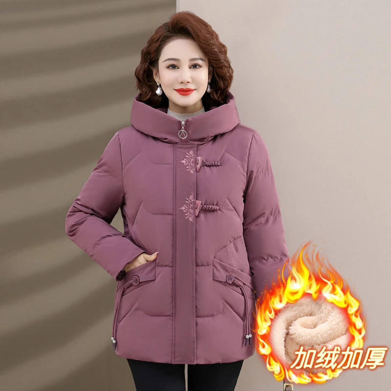 棉服女2024年新款冬季宽松加绒加厚棉袄中老年女装妈妈装