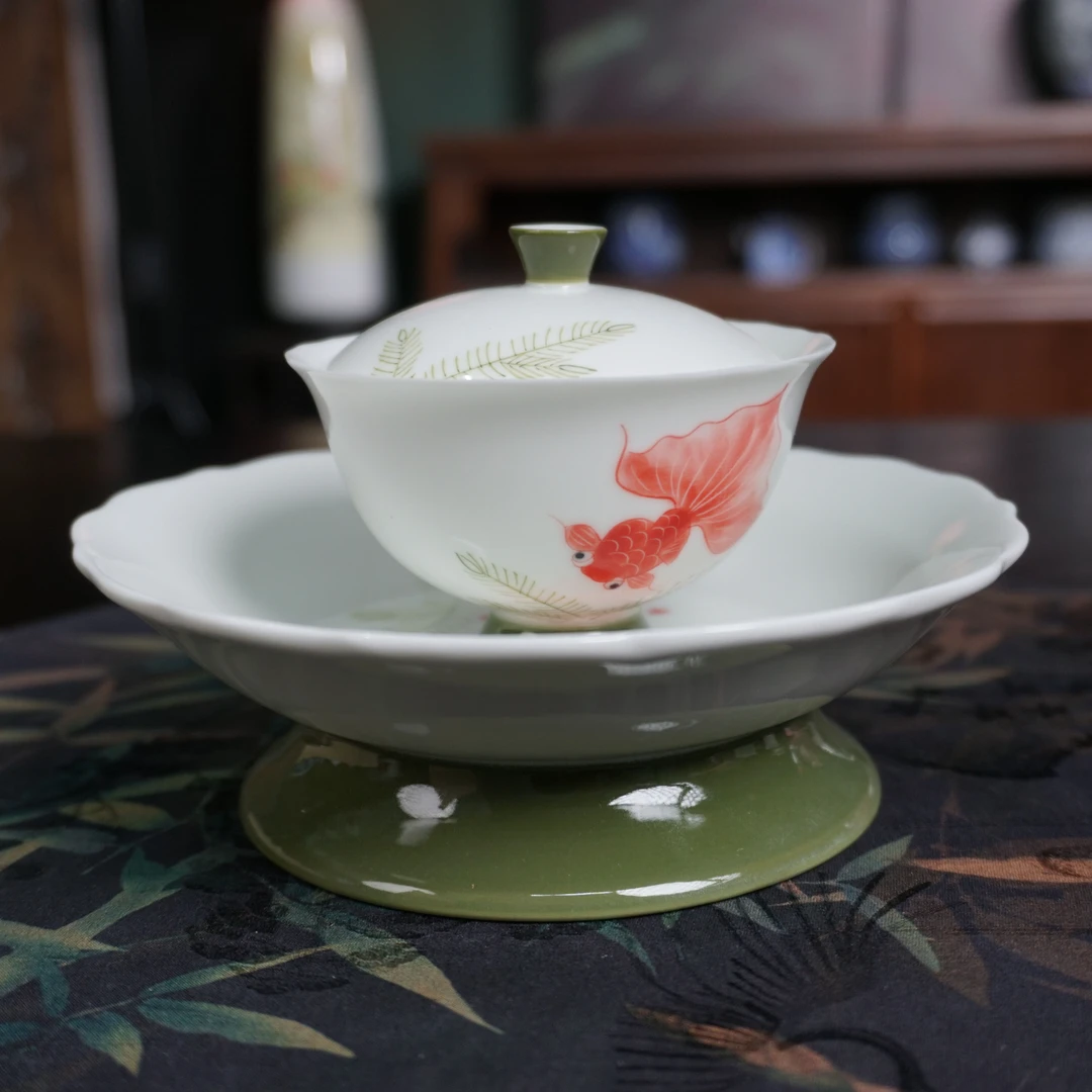 手绘金鱼盖碗+壶承-080314