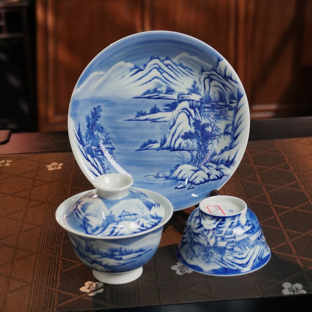 景德镇纯手绘高端茶器-釉下青花雪景盖碗+壶承+主人杯-7800