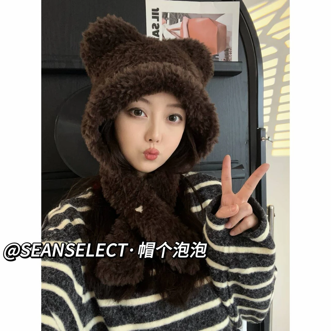 【毛茸茸纽扣小熊帽】围脖帽子一体针织毛线帽秋冬保暖护耳雷锋帽女