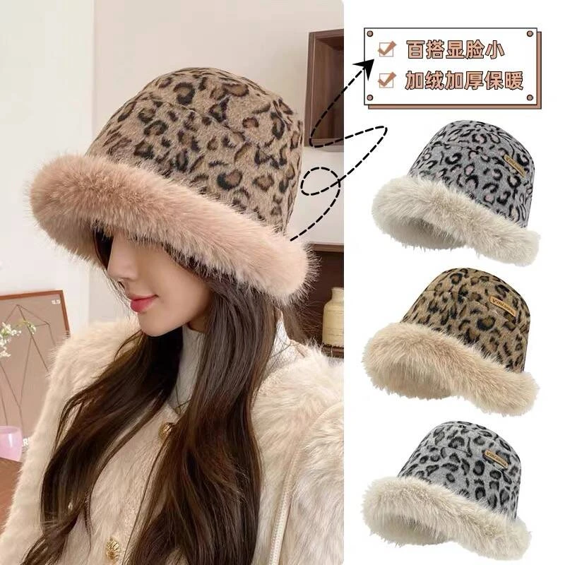 豹纹保暖毛绒盆帽网红秋冬渔夫帽加厚包头帽保暖护耳盆帽子潮