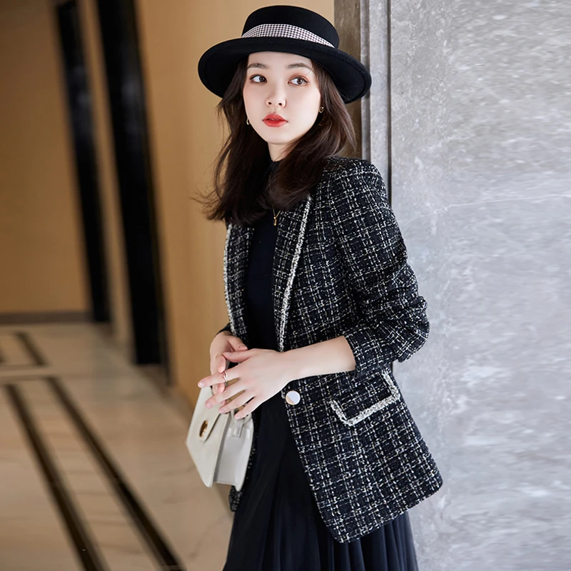 格子小香风西装外套女2025春秋时尚气质小个子高级款毛呢西服上衣