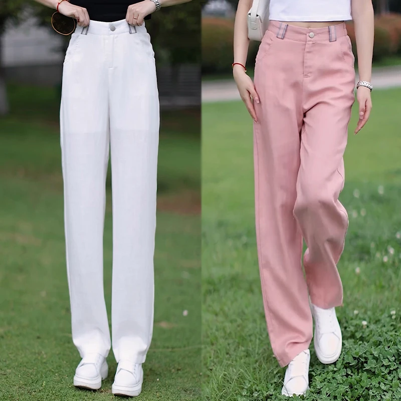 天丝亚麻窄版直筒裤女2024夏季高腰宽松薄款小个子阔腿九分休闲裤