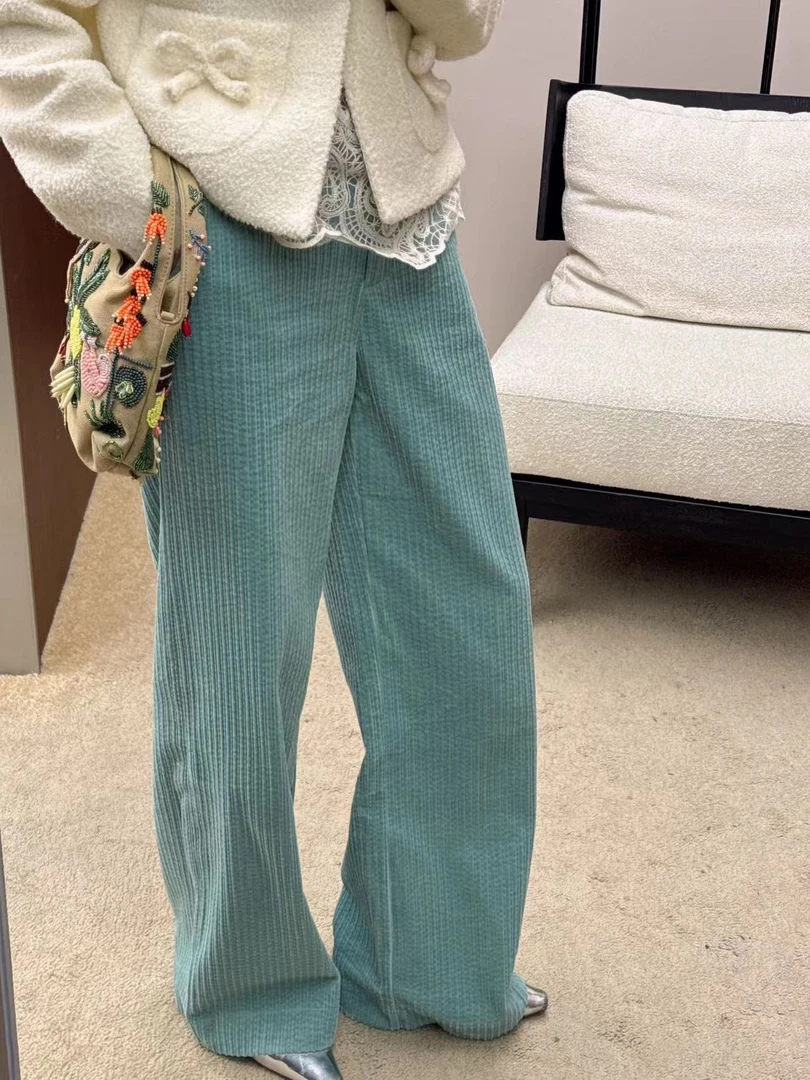 6889法式百搭纯色高腰垂感拖地灯芯绒休闲裤