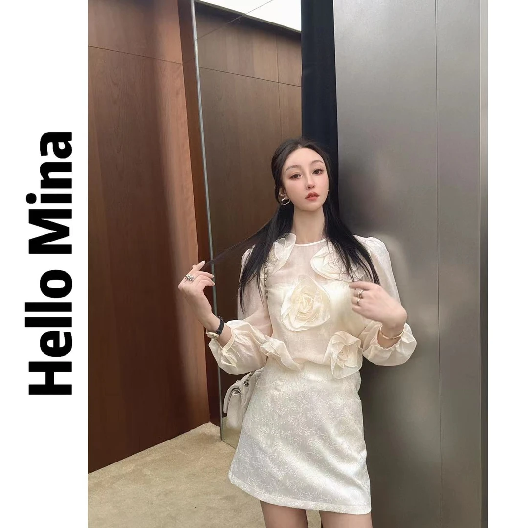 6037欧洲站小众别致立体玫瑰花朵纯色衬衫