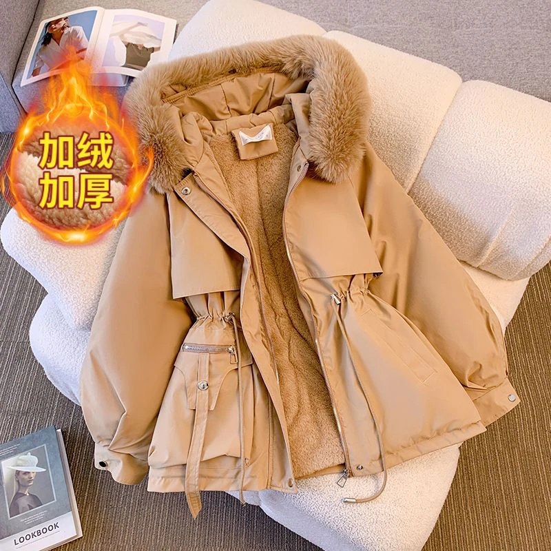 冬季棉服女2023新款中长款毛领棉服加绒加厚棉衣外套女潮洋气韩版