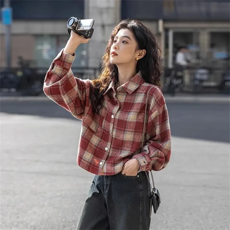 复古磨毛宽松格衬衣新款小个子短款上衣长袖外套-2122