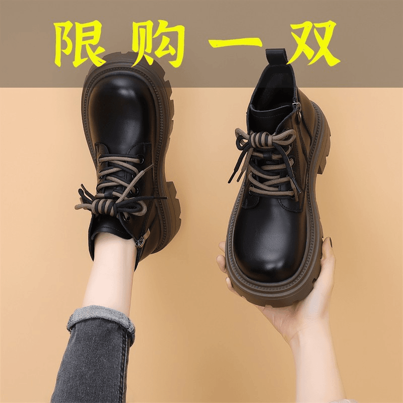 红蜻蜓牌厚底马丁靴女2023年秋冬新款英伦风系带圆头短靴防滑软