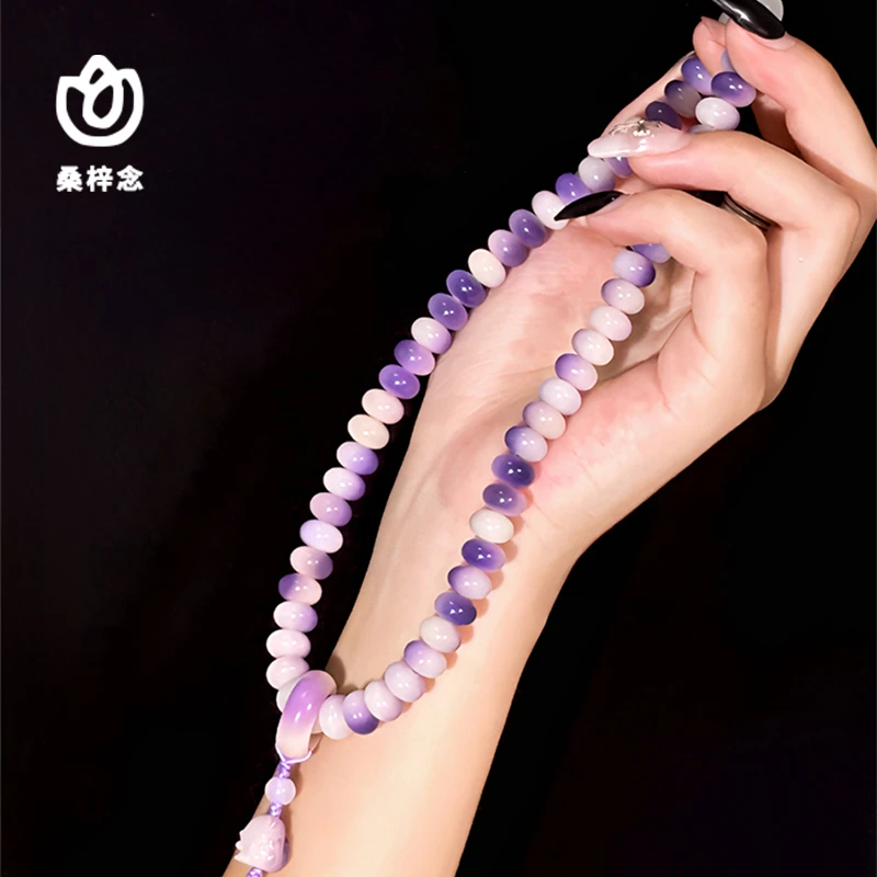 【冰美人】紫色天然白玉菩提根双圈手串6*9mm渐变跑环狐狸吊坠原创