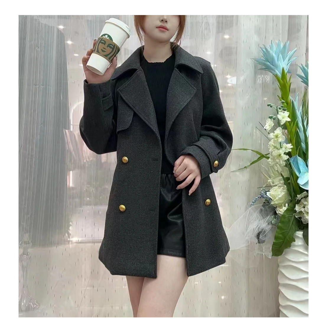 小个子精纺斜纹呢外套2025女新款收腰气质中长复古翻领双排扣大衣