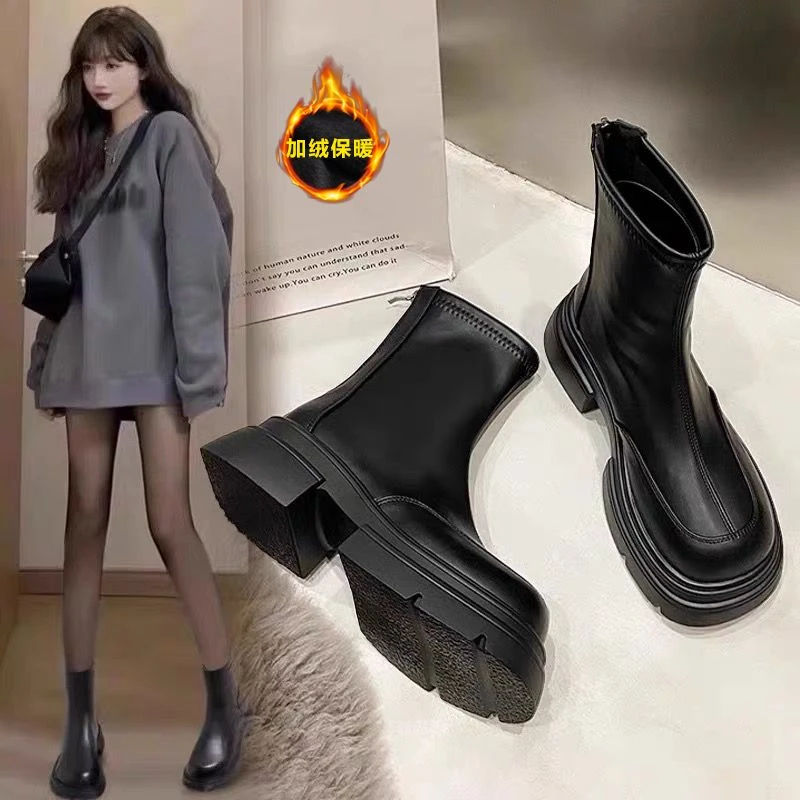 意尔康复古方头增高厚底短靴女2023新款冬季显瘦粗跟英伦风马丁靴