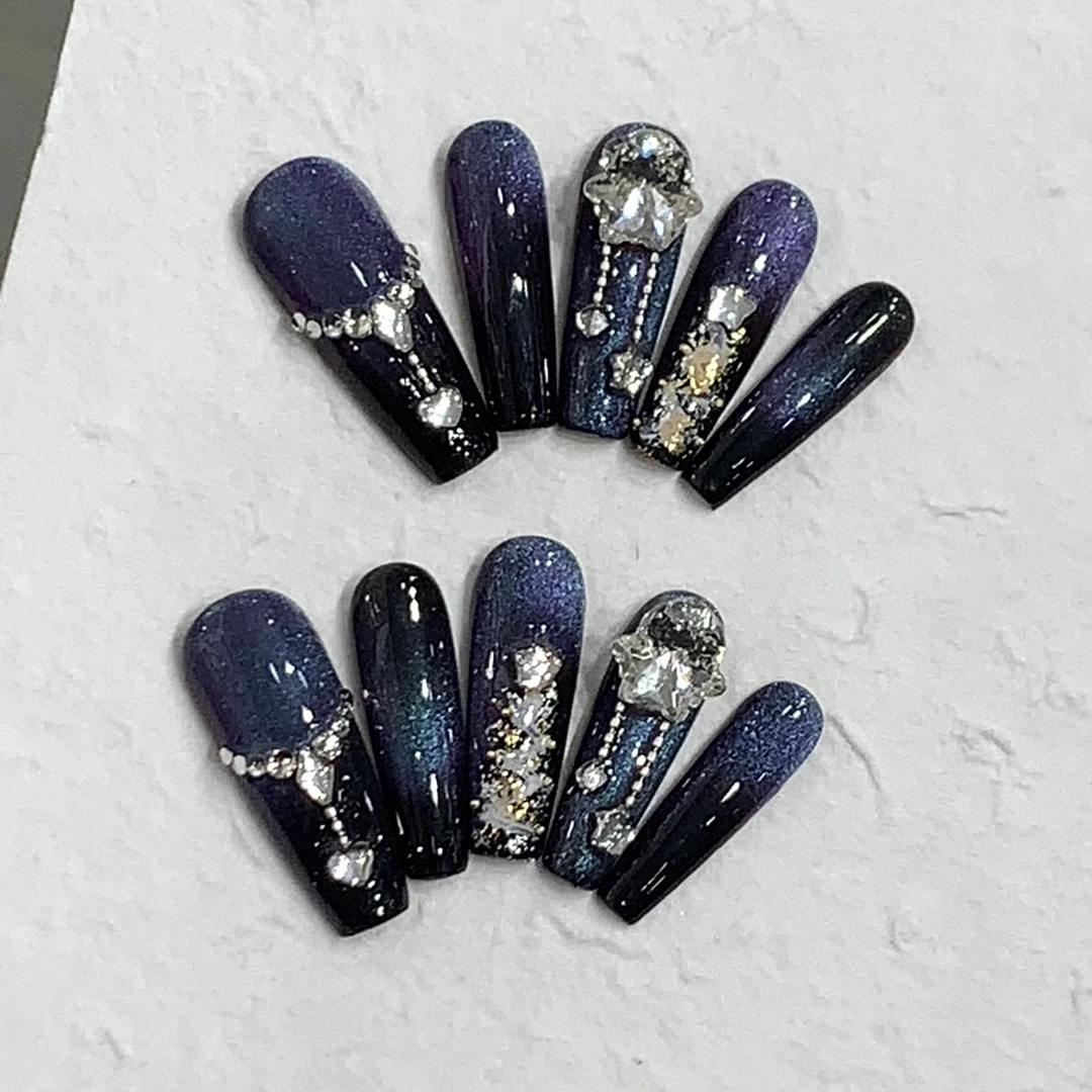 【告白夜】手工穿戴甲秋冬气质爆闪紫色渐变猫眼手绘圣诞中长款梯形