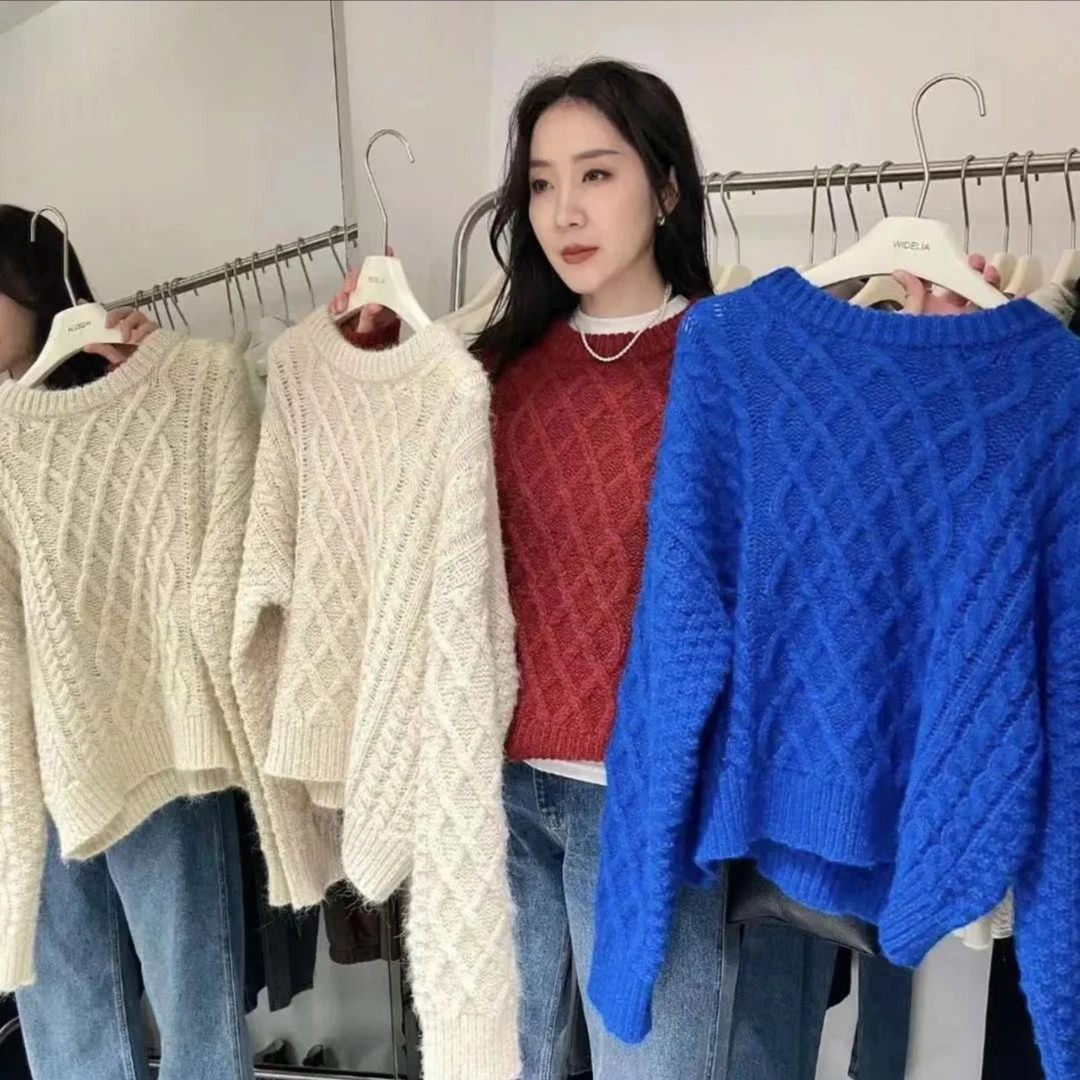 2024韩版秋冬新款纯色百搭休闲针织麻花套头毛衣女2352加厚慵懒风