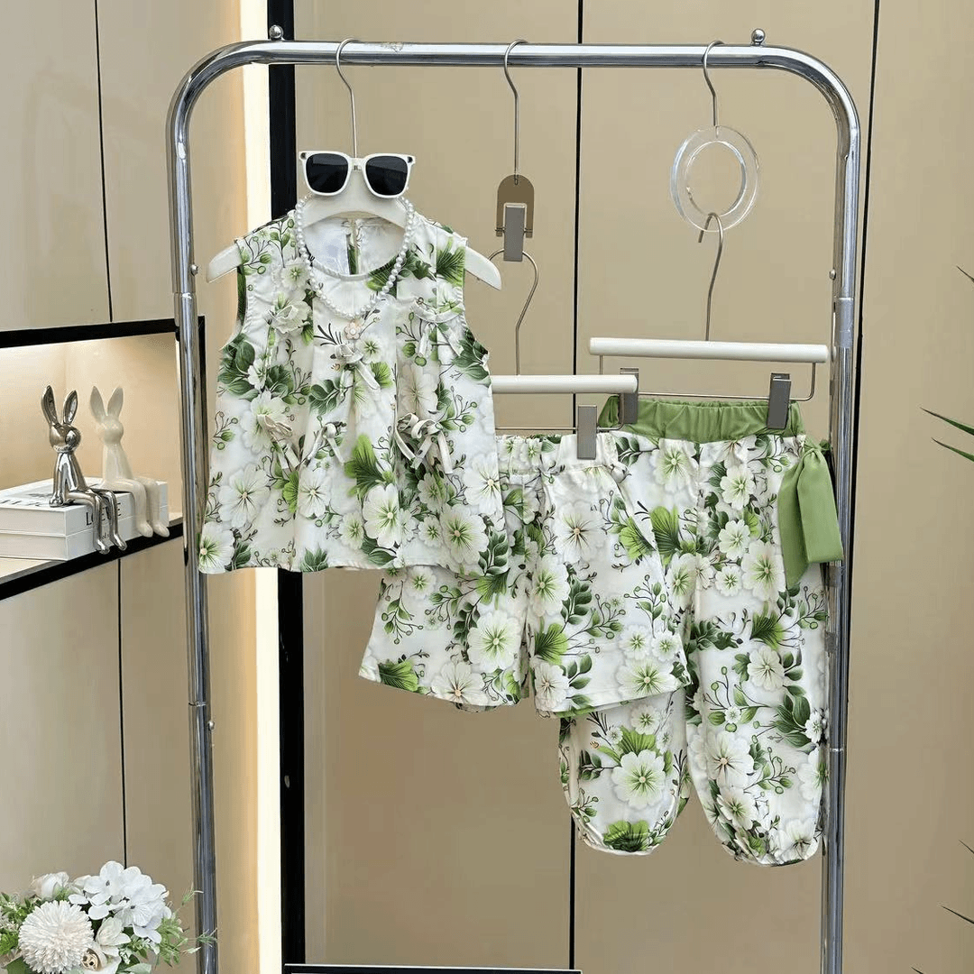 韩版温柔风女童夏季薄款新款洋气女童背心碎花四件套【送帽子】