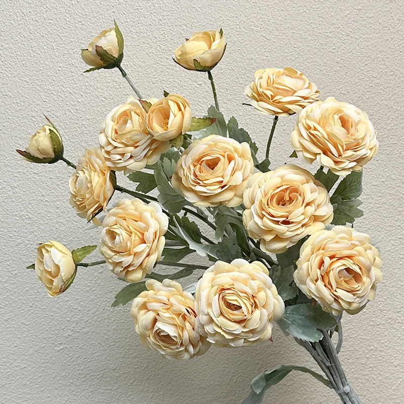 露莲 植绒三头仿真花黄色系高级感餐桌花卧室花 奶油风现代风花材