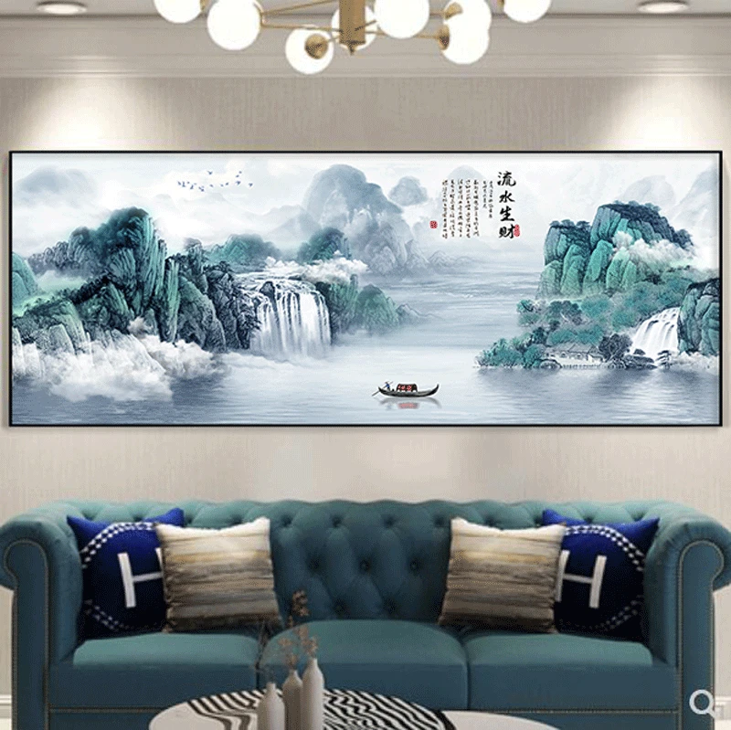 流水生财中式水墨画客厅沙发横幅高端大气晶瓷晶钻玄关装饰晶瓷画