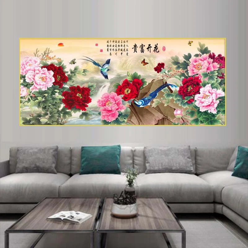 花开富贵鸟语花香客厅沙发横幅高端大气晶瓷晶钻玄关装饰晶瓷画