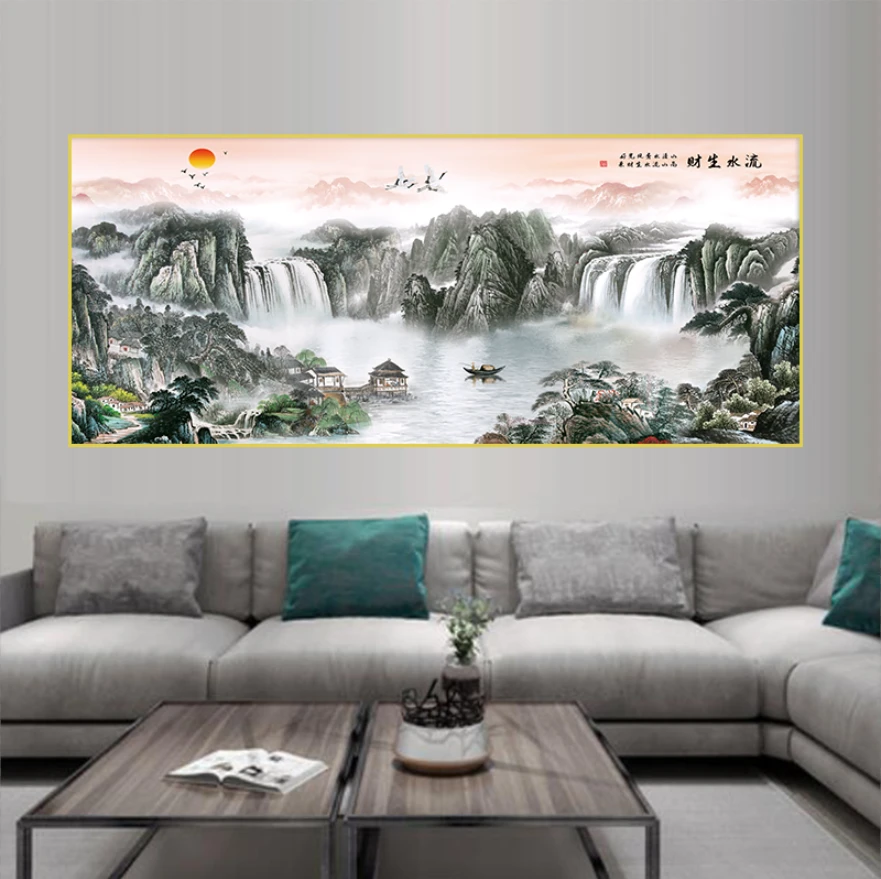 流水生财聚宝盆客厅沙发横幅高端大气晶瓷晶钻玄关装饰晶瓷画
