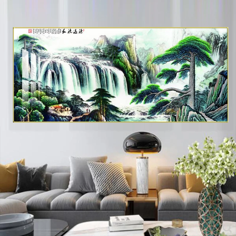 源远流长流水生财客厅沙发横幅高端大气晶瓷晶钻玄关装饰晶瓷画