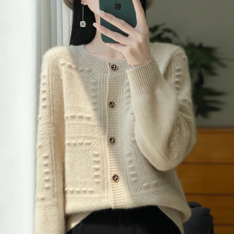 【小香风开衫】100%纯羊毛开衫针织气质圆领百搭秋冬显瘦复古纯色