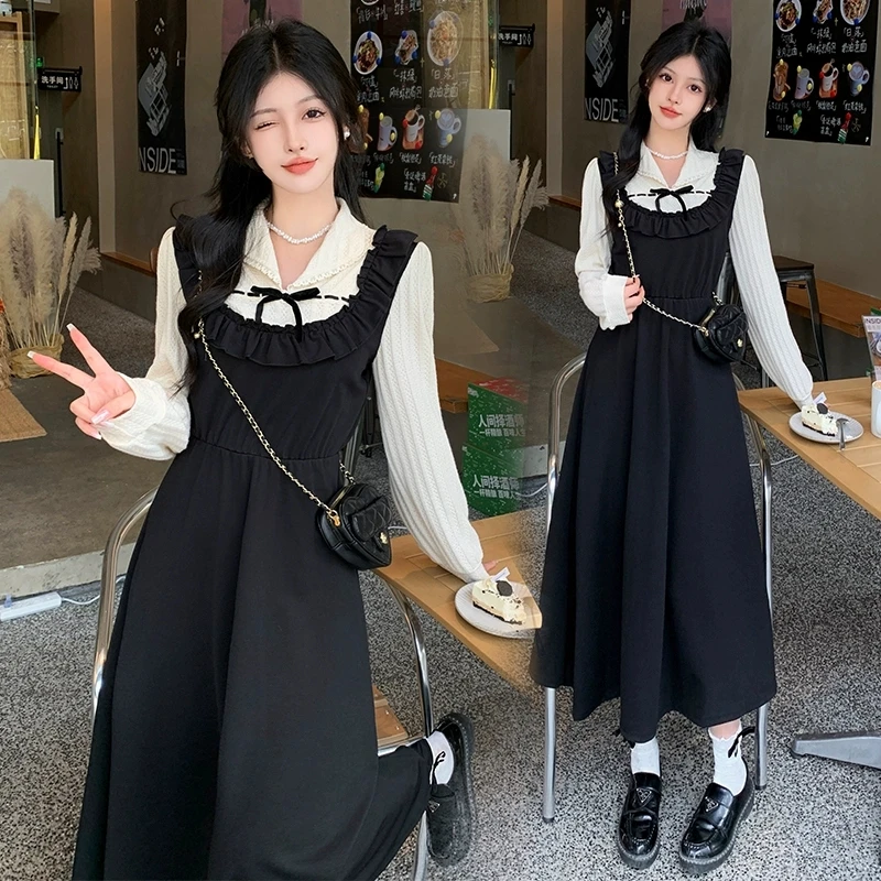 大码长袖连衣裙秋季收腰假两件长裙微胖MM法式拼接撞色裙女1608