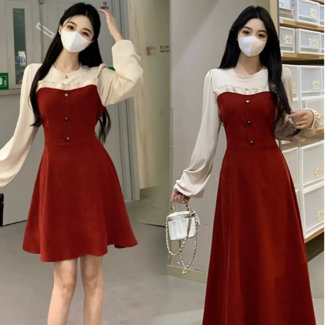 新款温柔甜美拼接假两件连衣裙女大码胖mm设计感收腰显瘦长裙1605