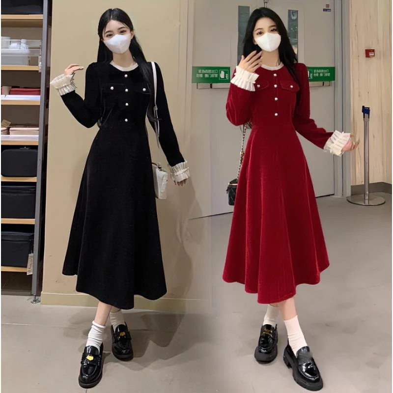 微胖MM甜美撞色拼接显瘦高腰灯芯绒中长款连衣裙女冬季新款裙1427