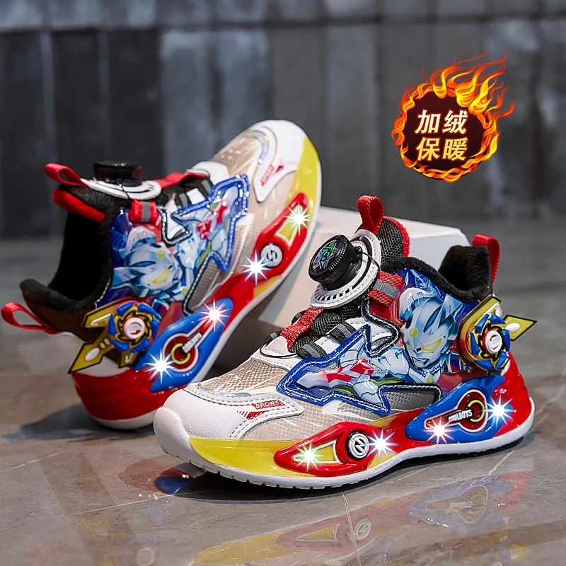 Abc男童奥特曼鞋子2024秋冬新款儿童加绒运动鞋男孩防滑跑步亮灯