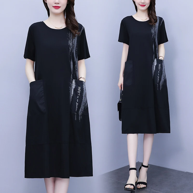 L-5XL2025夏装新款中年大码女装遮肉显瘦连衣裙时尚洋气宽松裙子