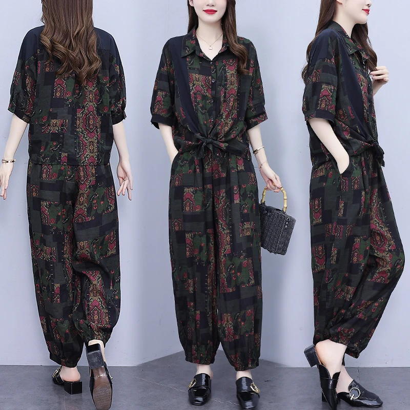 L-5XL大码2025夏季新款休闲时尚洋气时髦妈妈九分裤两件套花套装