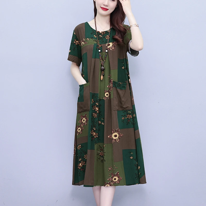 L-5XL2024夏装新款大码洋气圆领韩版遮肉时尚宽松显瘦妈妈连衣裙