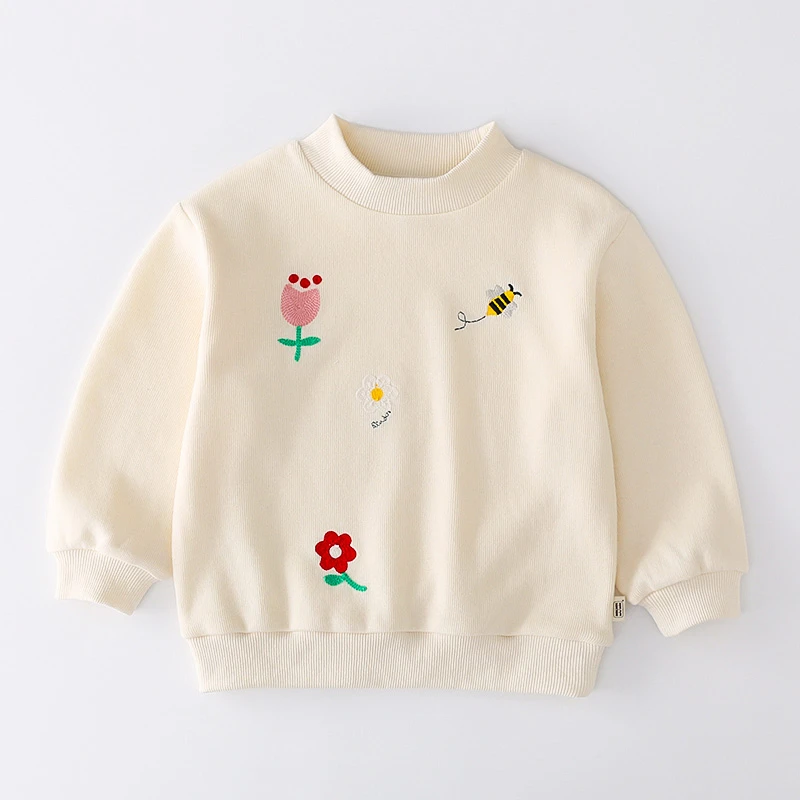 儿童迷尼绒卫衣女童刺绣圆领套头衫洋气绣花上衣纯色春秋292