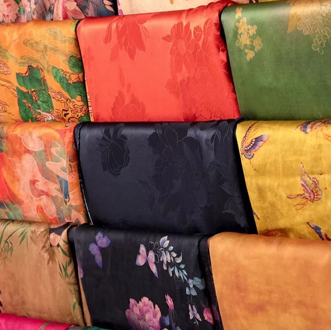 香云纱新中式花罗国风高端定制连衣裙旗袍套装印花真丝服装面料