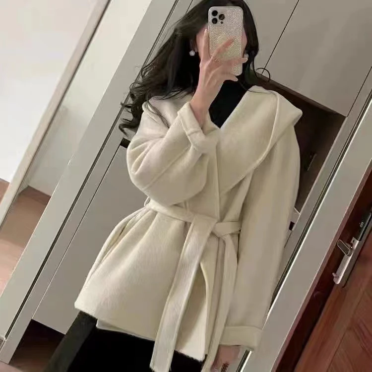 【兰美仁专属】新款双面呢羊毛系带大衣高级感小个子连帽毛呢外套女