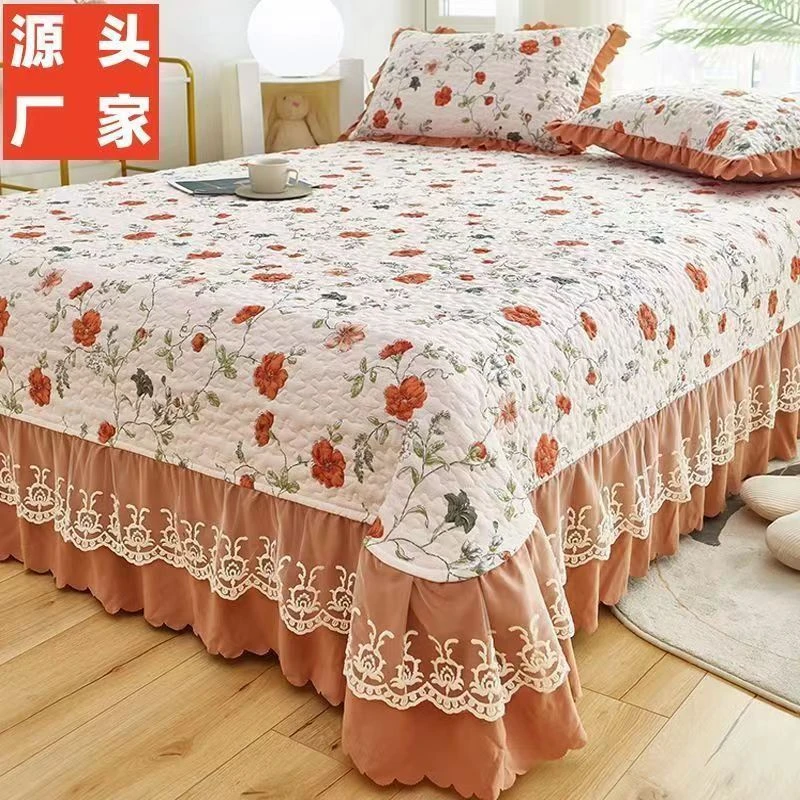 {四季床盖} 夕颜 轻奢加厚夹棉水洗绵 蕾丝边防滑绗缝通用床盖