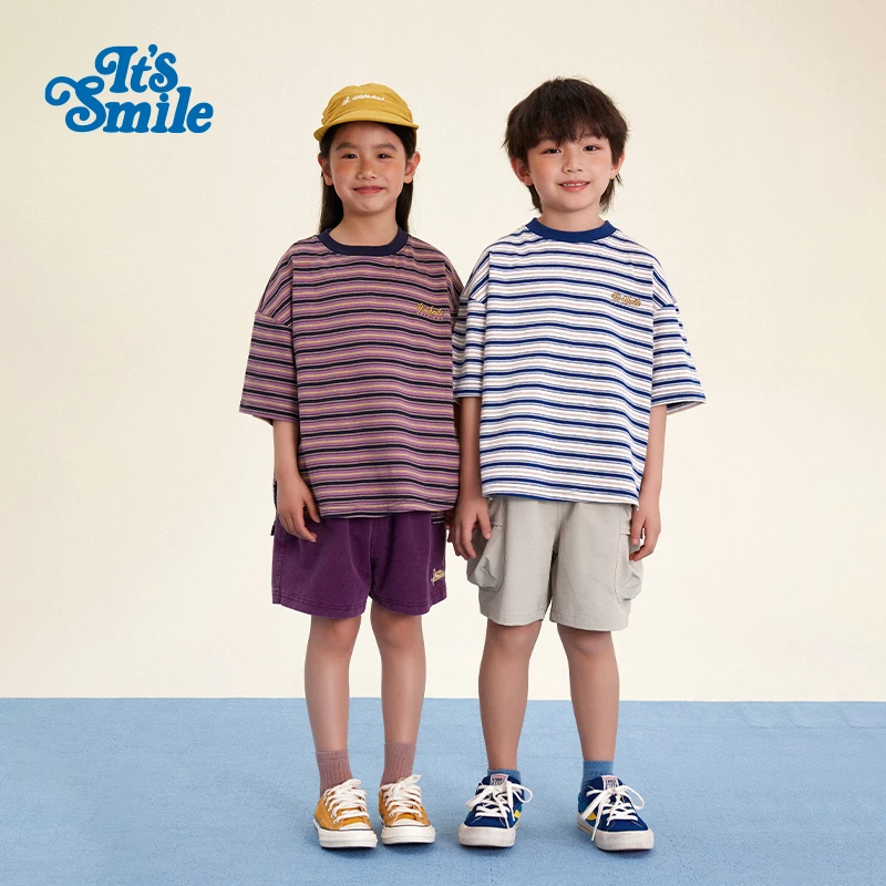 Its smile 24夏新品 日系儿童复古条纹短袖T恤男童女童休闲上衣