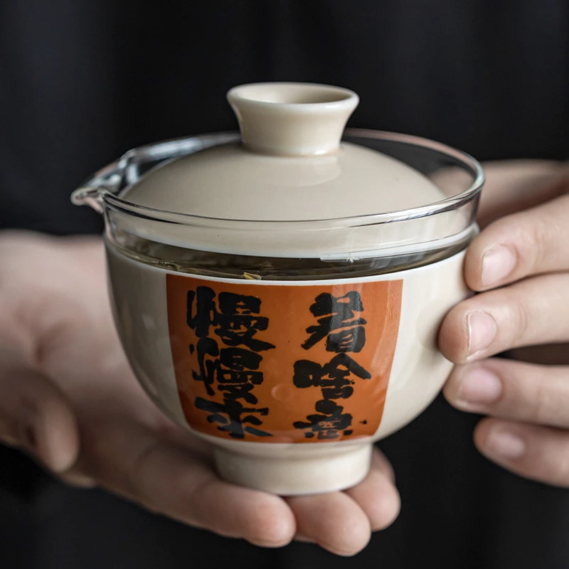 青祥 陶瓷快客杯便捷车载旅行茶具套装草木灰一壶两杯收纳泡茶杯