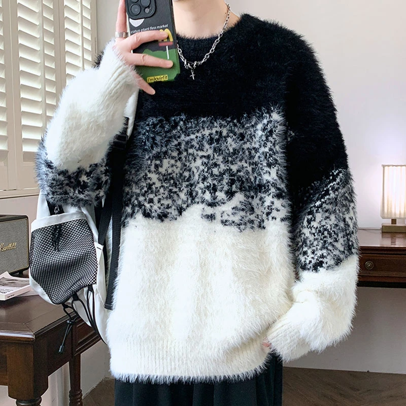 水貂绒毛衣男秋冬款圆领软糯毛线衣服保暖冬装拼色青少年针织衫