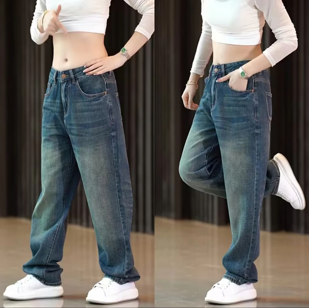 2025秋季新款水洗做旧黄泥蓝阔腿裤男美式复古宽松直筒垂感牛仔裤
