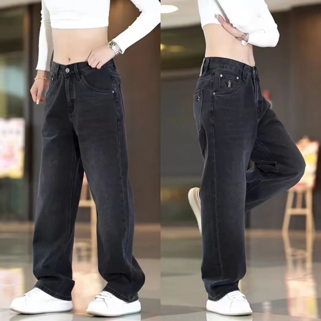 美式经典复古灰黑色刺绣宽松直筒阔腿牛仔裤男士休闲时尚潮款裤子