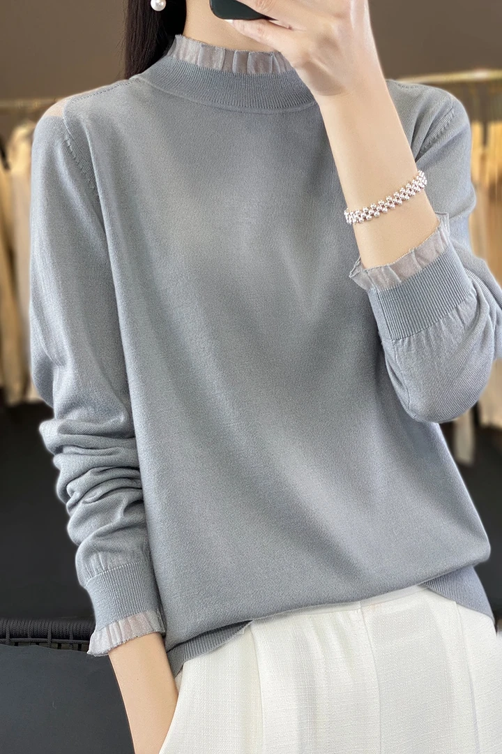 现货NS8922精纺羊毛内搭薄款木耳领毛衣高级感蕾丝针织打底衫上衣