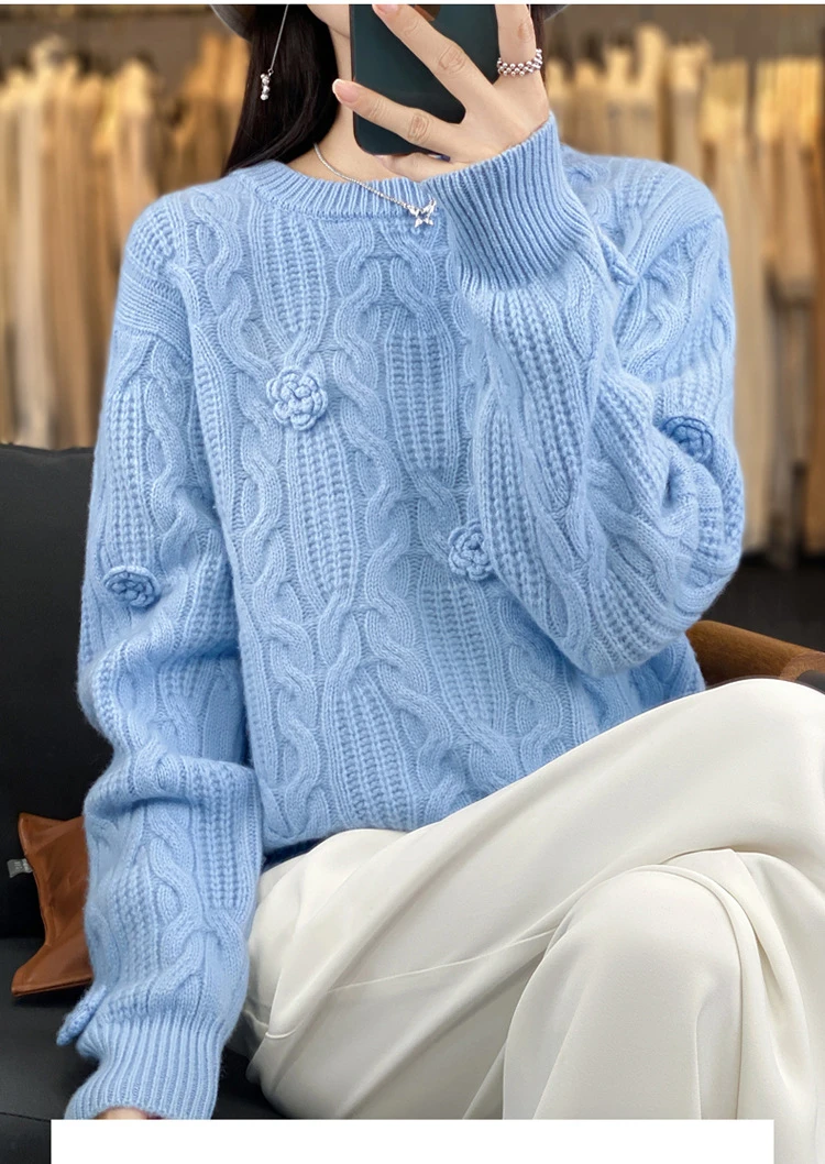 现货LY23036）100%纯羊毛 手工钩花慵懒风百搭显瘦 针织衫套头毛衣